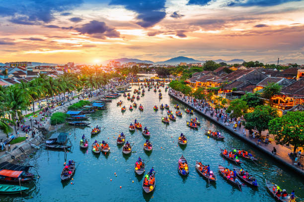 Aerial view of Hoi An ancient town at twilight, Vietnam